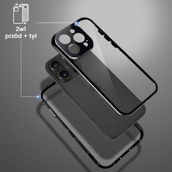 Obudowa do iPhone 15 Pro Max podwójna szyba i polerowane aluminium 360° magnetyczna, z osłoną aparatu, czarna (3)