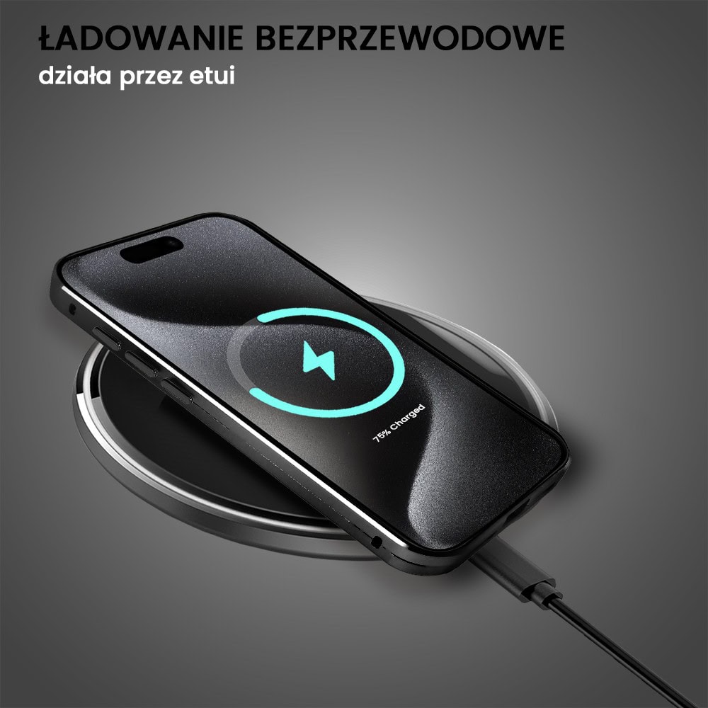 Obudowa do iPhone 15 Pro Max podwójna szyba i polerowane aluminium 360° magnetyczna, z osłoną aparatu, czarna