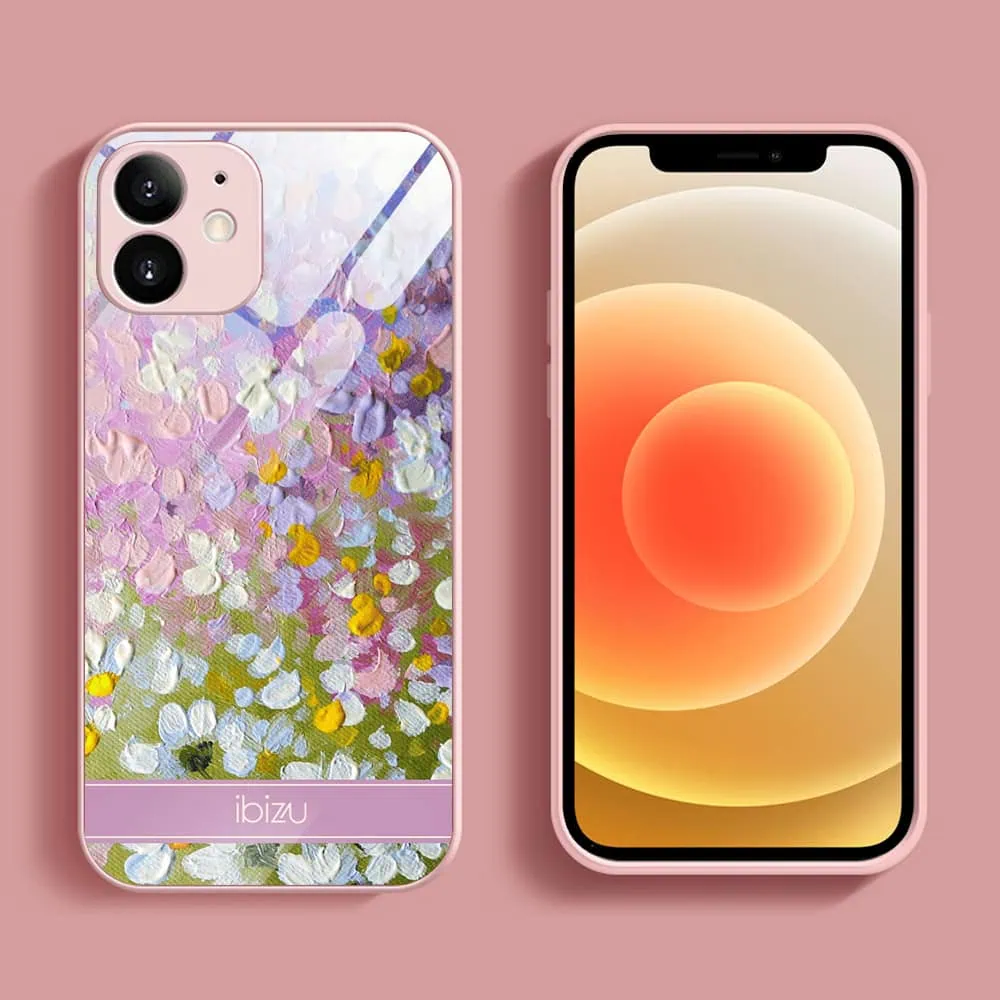 Etui do iPhone 12, Ibizu, szklany tył, osłona kamery, malowana łąka, łososiowe (1)