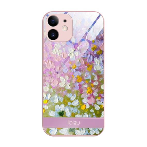 Etui do iPhone 12, Ibizu, szklany tył, osłona kamery, malowana łąka, łososiowe (1)