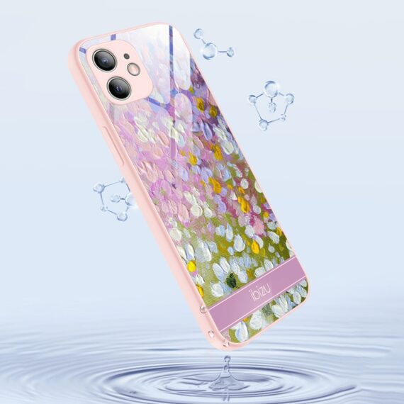 Etui do iPhone 12, Ibizu, szklany tył, osłona kamery, malowana łąka, łososiowe (3)