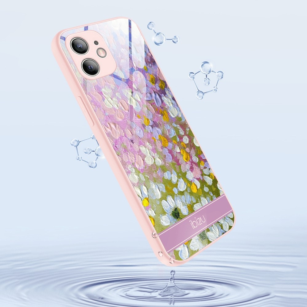 Etui do iPhone 12, Ibizu, szklany tył, osłona kamery, malowana łąka, łososiowe (3)