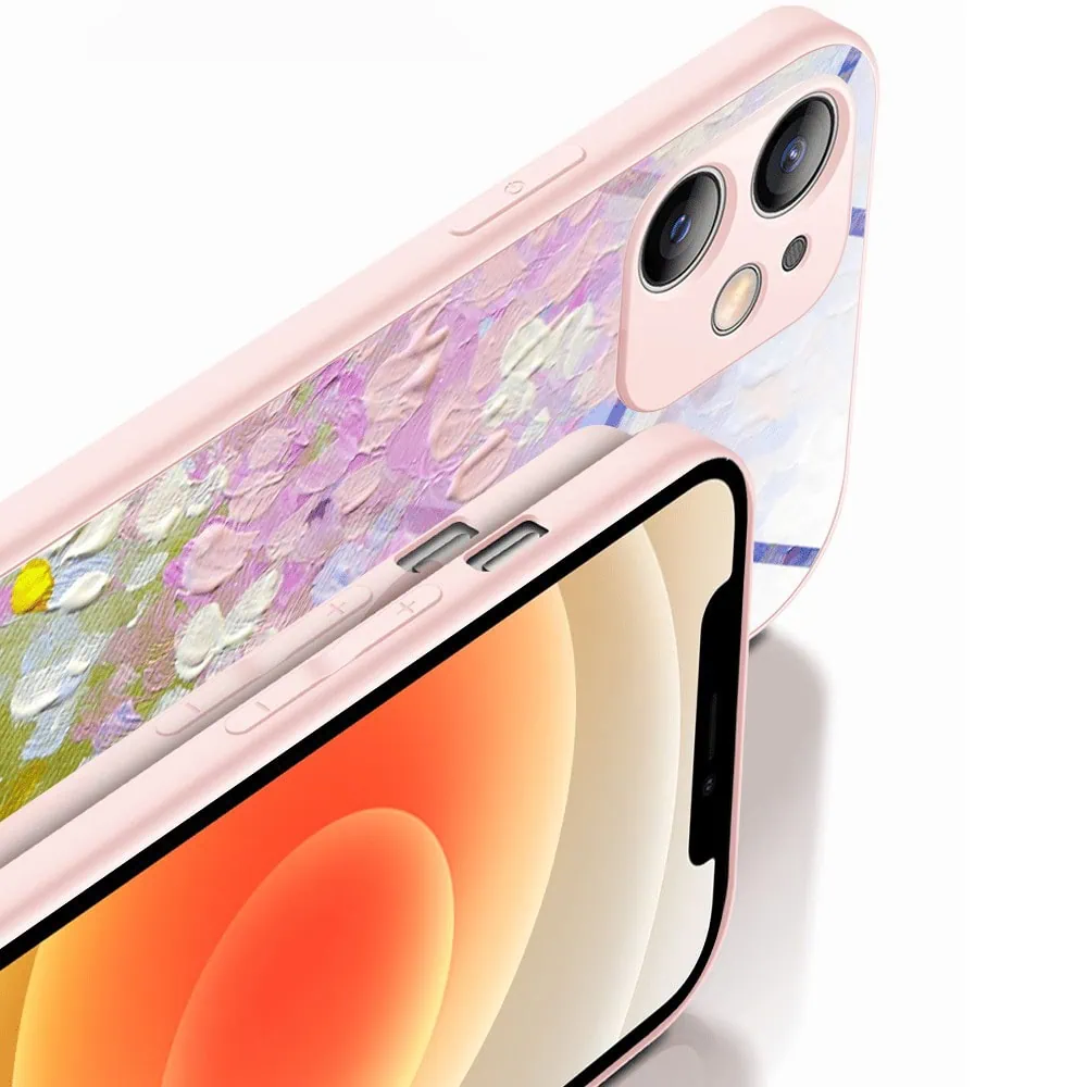 Etui do iPhone 12, Ibizu, szklany tył, osłona kamery, malowana łąka, łososiowe (5)
