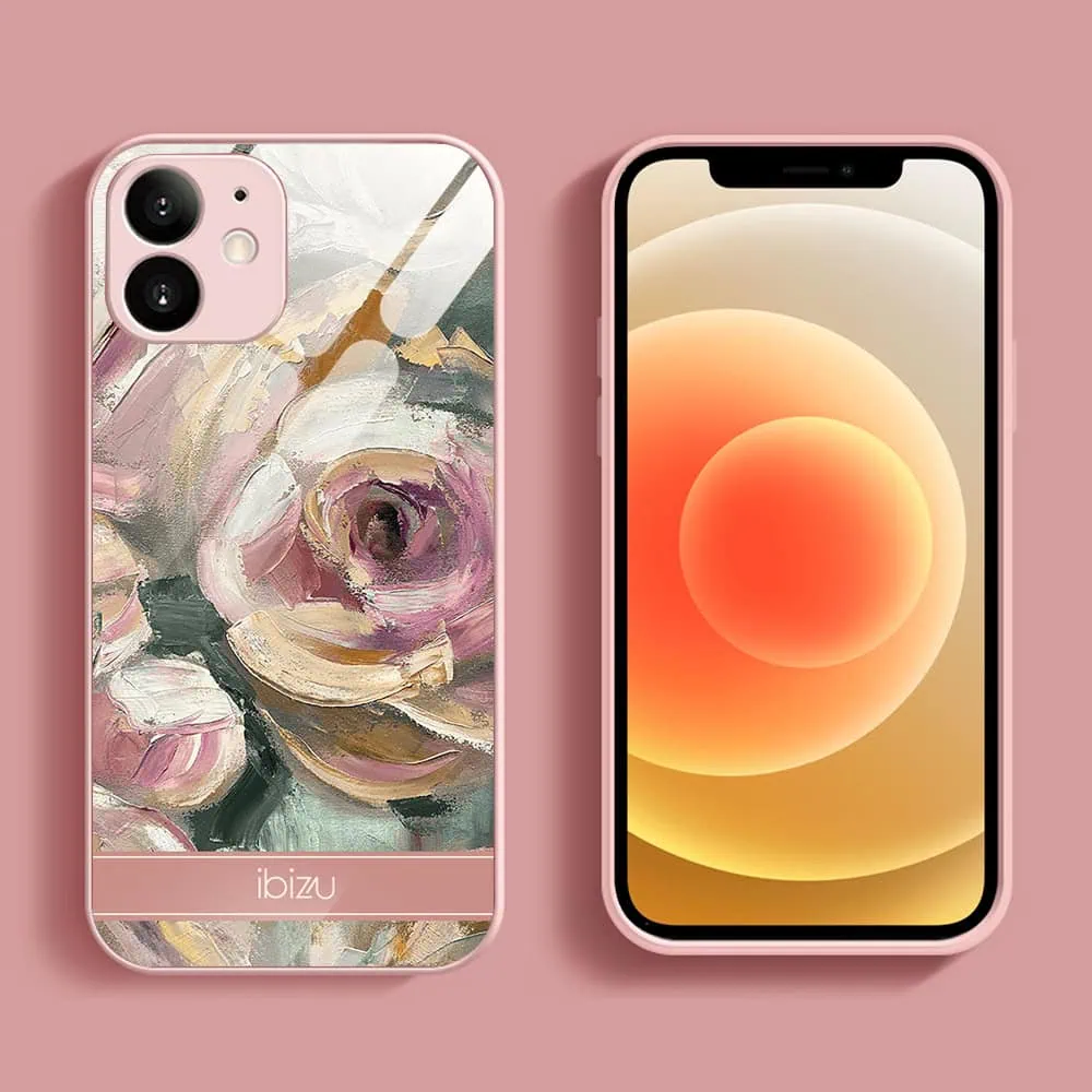 Etui do iPhone 12, Ibizu, szklany tył, osłona kamery, namalowane róże, łososiowe (1)