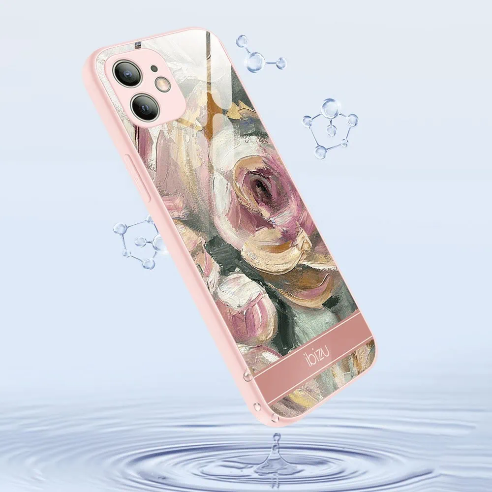 Etui do iPhone 12, Ibizu, szklany tył, osłona kamery, namalowane róże, łososiowe (3)