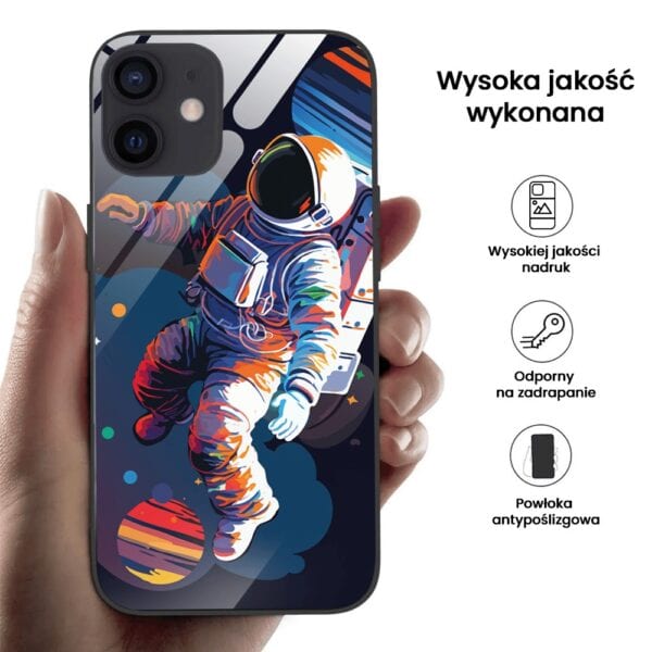 Etui do iPhone 12, szklany tył, Kosmiczny podróżnik, czarne (4)
