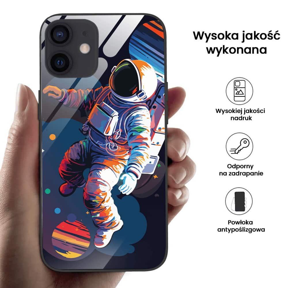 Etui do iPhone 12, szklany tył, Kosmiczny podróżnik, czarne (4)