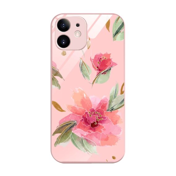 Etui do iPhone 12, szklany tył, osłona kamery, różowa wiosna, łososiowe (1)