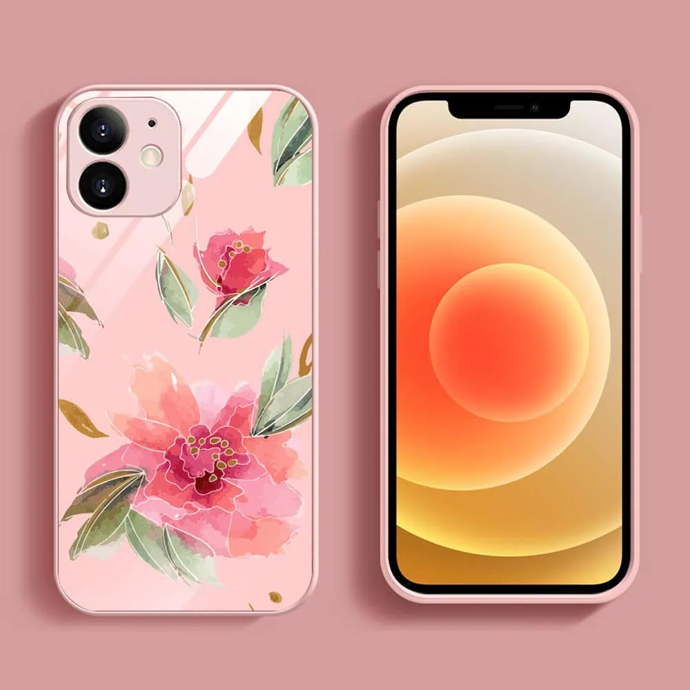 Etui do iPhone 12, szklany tył, osłona kamery, różowa wiosna, łososiowe (2)