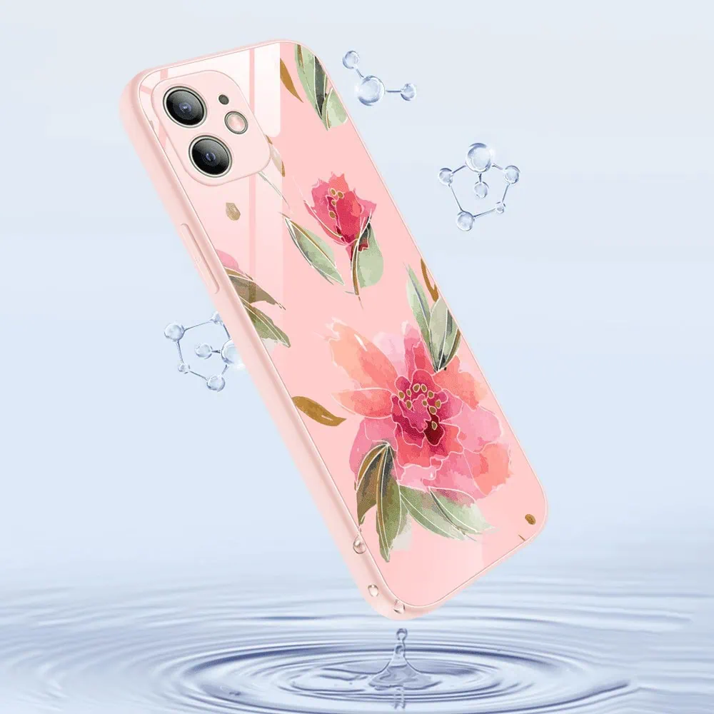 Etui do iPhone 12, szklany tył, osłona kamery, różowa wiosna, łososiowe (4)