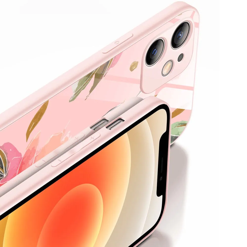 Etui do iPhone 12, szklany tył, osłona kamery, różowa wiosna, łososiowe (6)