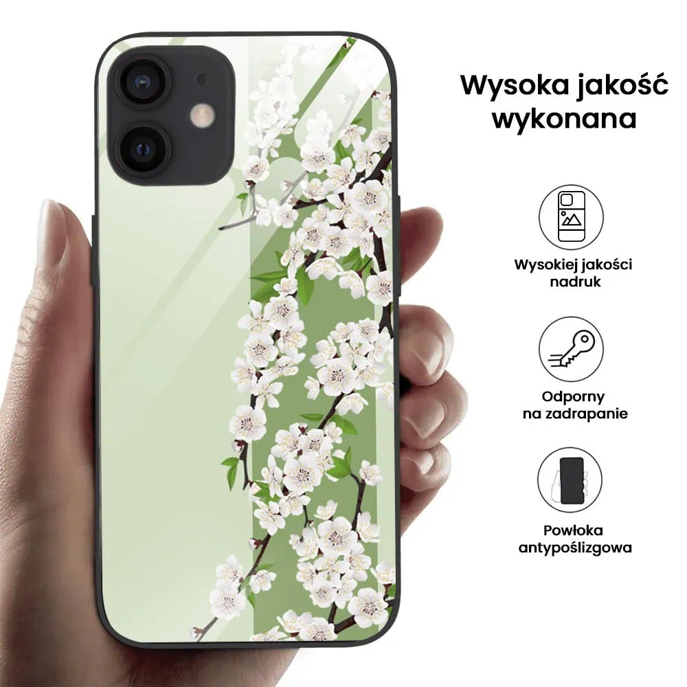 Etui do iPhone 12, szklany tył, romantyczny bez, czarne (1)