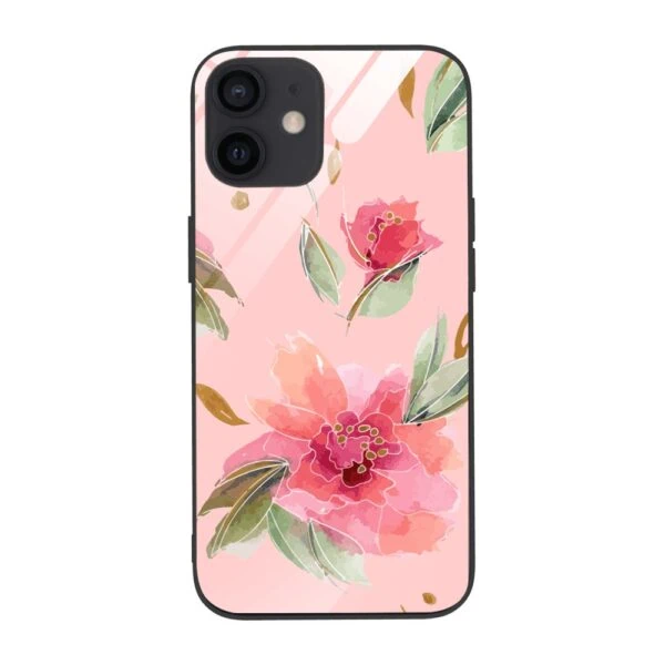Etui do iPhone 12, szklany tył, różowa wiosna, czarne (1)