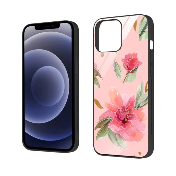 Etui do iPhone 12, szklany tył, różowa wiosna, czarne (1)