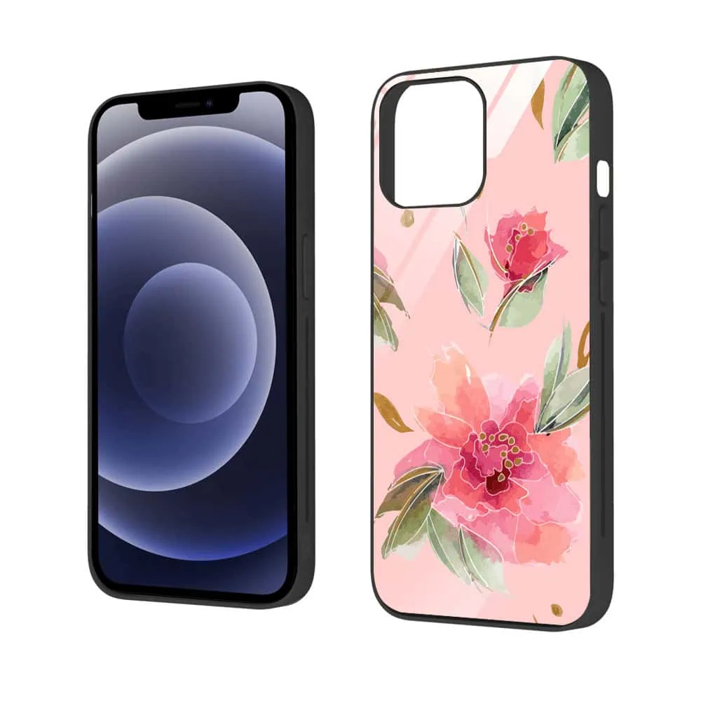 Etui do iPhone 12, szklany tył, różowa wiosna, czarne (1)
