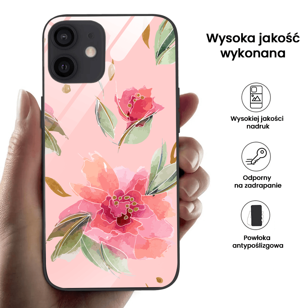 Etui do iPhone 12, szklany tył, różowa wiosna, czarne (4)