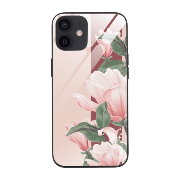 Etui do iPhone 12, szklany tył, subtelne róże, czarne (1)