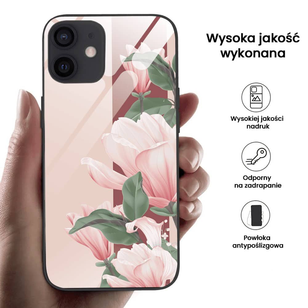 Etui do iPhone 12, szklany tył, subtelne róże, czarne (4)