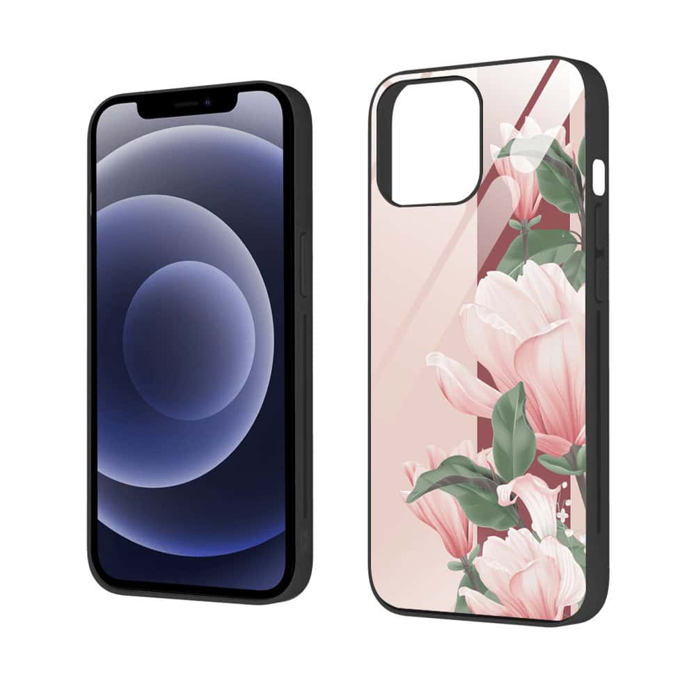 Etui do iPhone 12, szklany tył, subtelne róże, czarne (5)