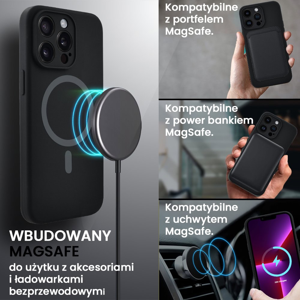 Etui do iPhone 13 Pro, silikonowe z MagSafe, mikrofibra soft touch z osłoną na aparat, czarne (5)