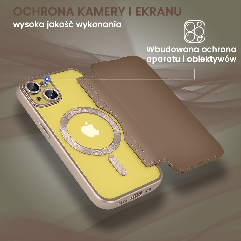 Etui do iPhone 14 typu książka Book Magsafe Lens Protect, z klapką, pustynny brąz (7)