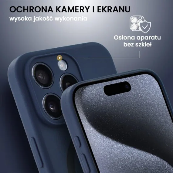 Etui do iPhone 15 Pro Max, silikonowe z MagSafe, mikrofibra soft touch z osłoną na aparat, granatowe (6)