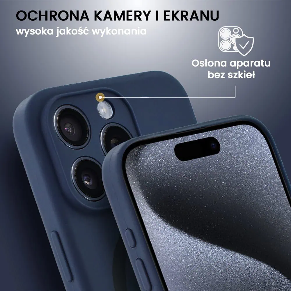 Etui do iPhone 15 Pro Max, silikonowe z MagSafe, mikrofibra soft touch z osłoną na aparat, granatowe (6)