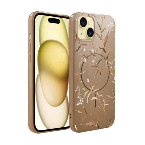 Etui do iPhone 15, elastyczne, z MagSafe, Złocisty Ogród, beżowe