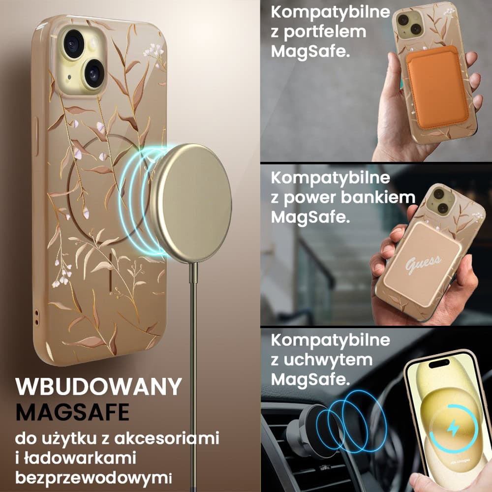 Etui do iPhone 15, elastyczne, z MagSafe, Złocisty Ogród, beżowe (5)