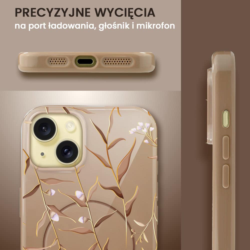 Etui do iPhone 15, elastyczne, z MagSafe, Złocisty Ogród, beżowe (8)