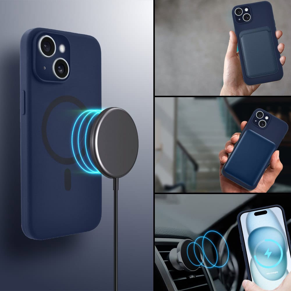 Etui do iPhone 15, silikonowe z MagSafe, mikrofibra soft touch z osłoną na aparat, granatowe (1)