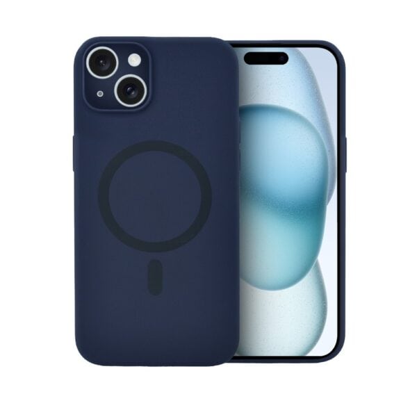 Etui do iPhone 15 Plus, silikonowe z MagSafe, mikrofibra soft touch z osłoną na aparat, granatowe