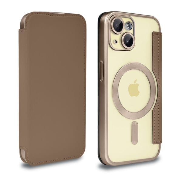 Etui do iPhone 15 Plus typu książka Book Magsafe Lens Protect, z klapką, pustynny brąz