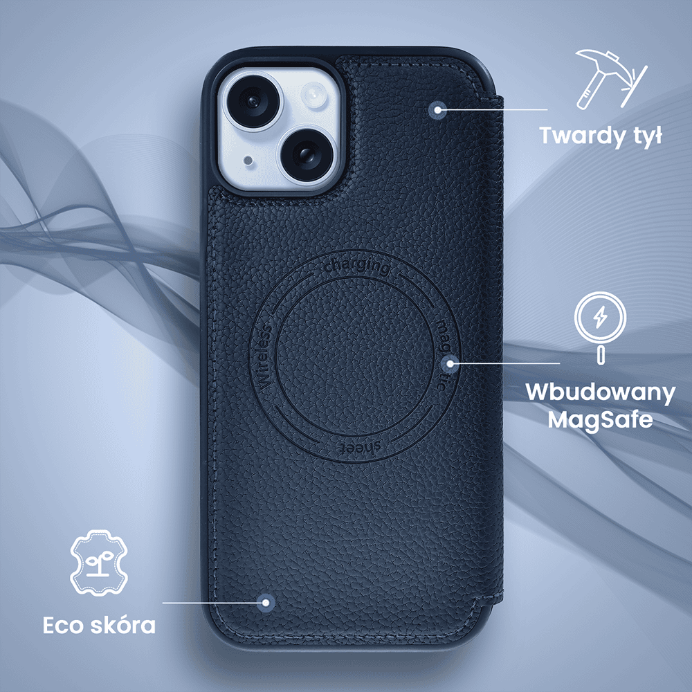Etui do iPhone 15 z klapką Solid MagSafe Book, typu książka, granatowe (4)