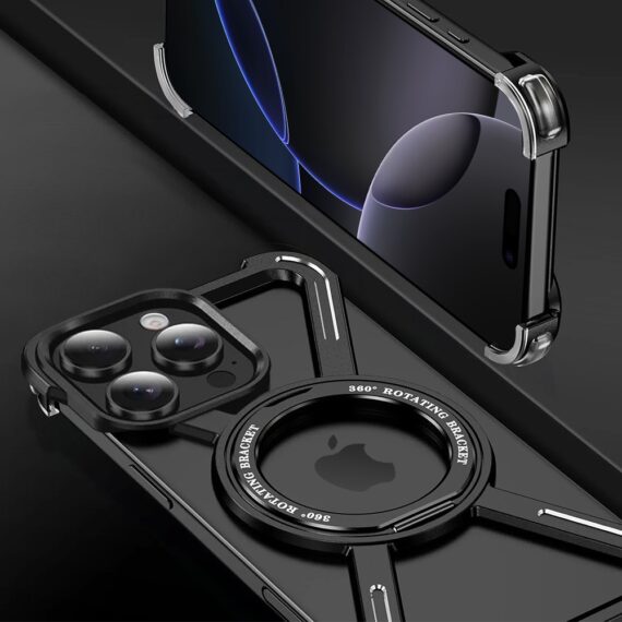 Etui do iPhone 16 Pro Max, Metal X-Shield metalowe, z widocznym logo i podstawką, czarne (2)