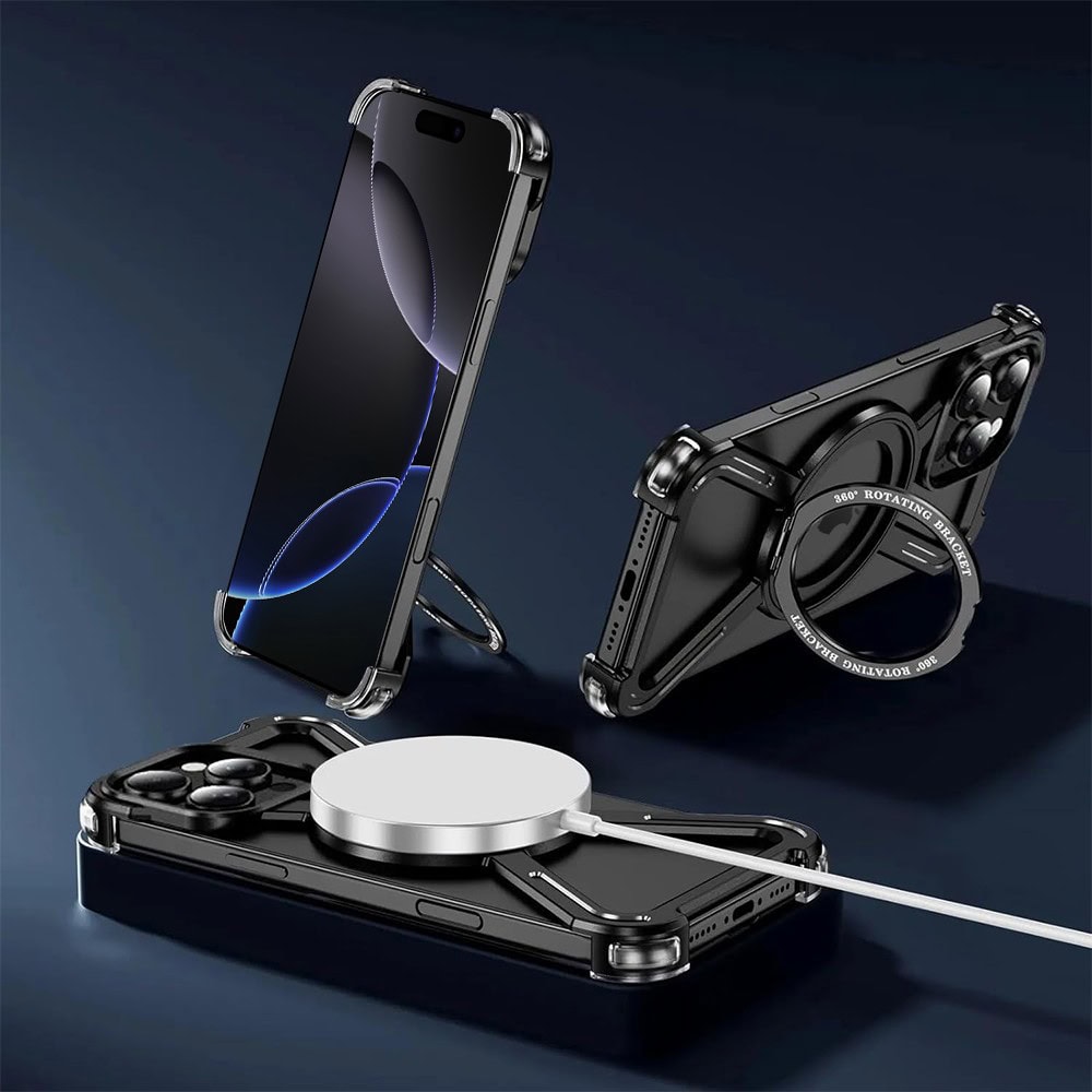 Etui do iPhone 16 Pro Max, Metal X-Shield metalowe, z widocznym logo i podstawką, czarne (6)