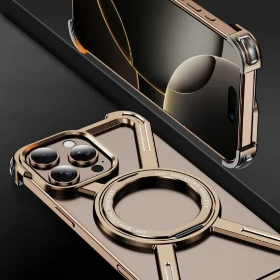 Etui do iPhone 16 Pro Max, Metal X-Shield metalowe, z widocznym logo i podstawką, tytan pustynny (3)