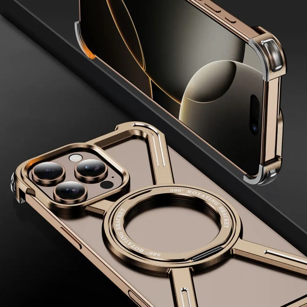 Etui do iPhone 16 Pro Max, Metal X-Shield metalowe, z widocznym logo i podstawką, tytan pustynny (3)