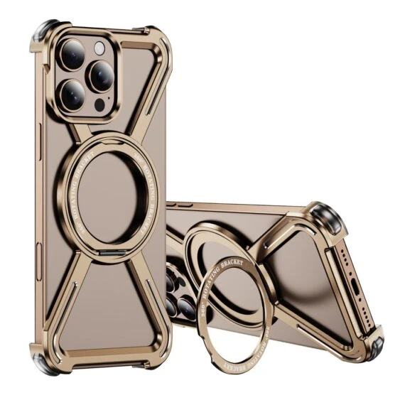 Etui do iPhone 16 Pro Max, Metal X-Shield metalowe, z widocznym logo i podstawką, tytan pustynny (7)