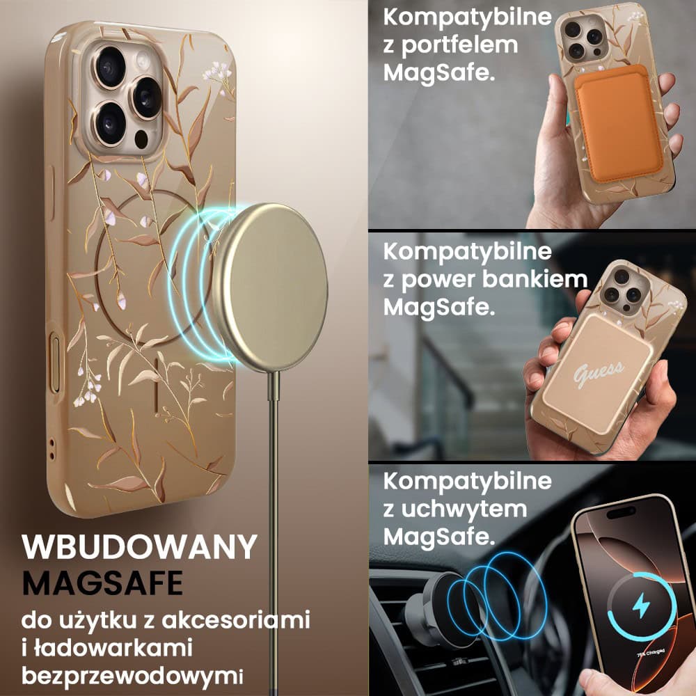 Etui do iPhone 16 Pro Max, elastyczne, z MagSafe, Złocisty Ogród, beżowe (7)
