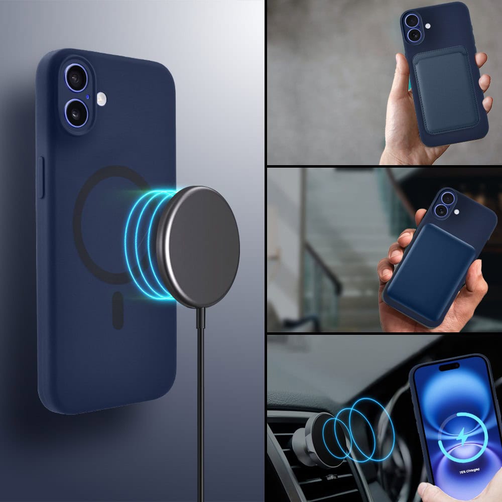 Etui do iPhone 16, silikonowe z MagSafe, mikrofibra soft touch z osłoną na aparat, granatowe (2)