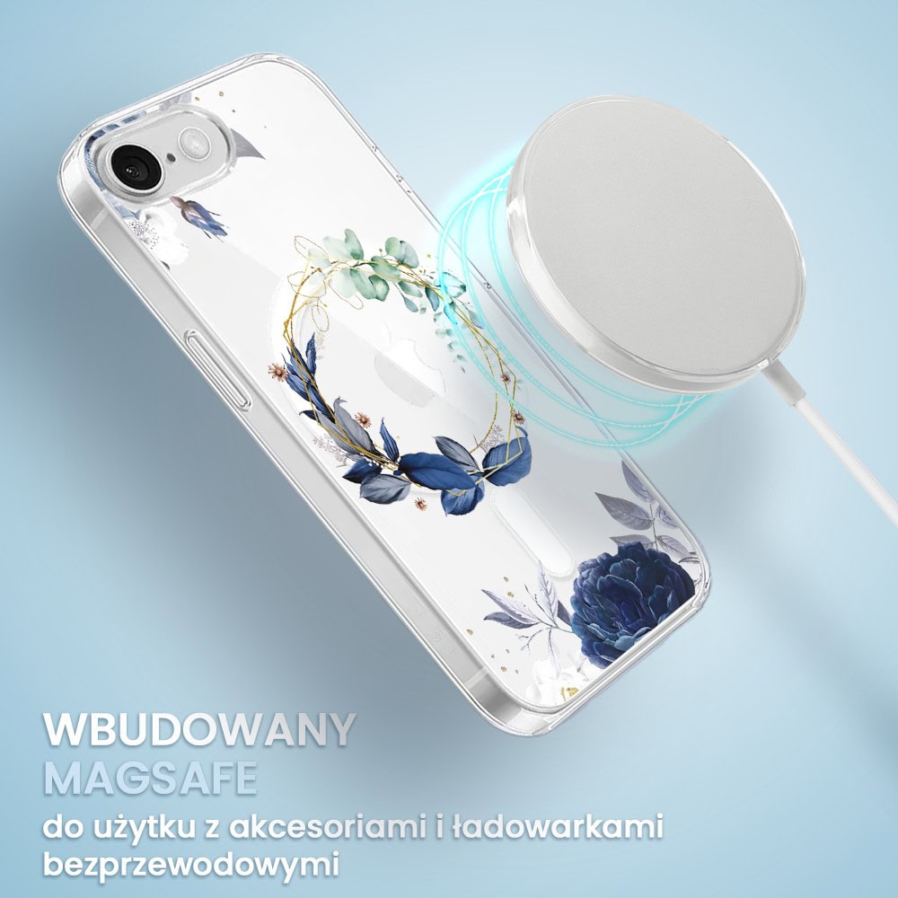 Etui do iPhone 16e, Flower MagSafe, niebieskie kwiaty, przeźroczyste (1)
