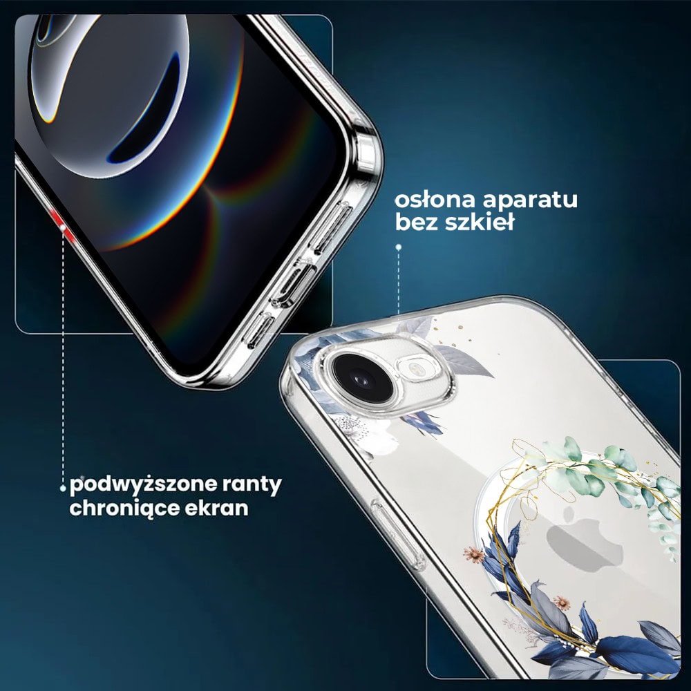 Etui do iPhone 16e, Flower MagSafe, niebieskie kwiaty, przeźroczyste (3)