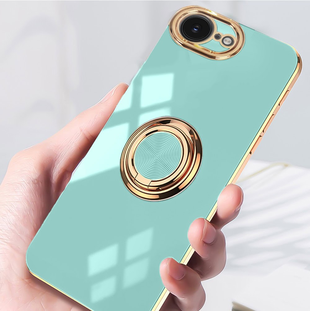 Etui do iPhone 16e eleganckie, ze złotym, metalowym uchwytem i zdobieniami, osłona na aparat, lazurowo miętow (