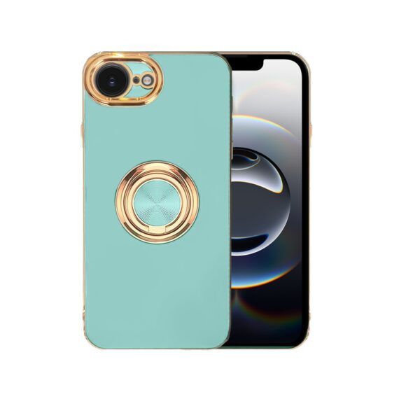 Etui do iPhone 16e eleganckie, ze złotym, metalowym uchwytem i zdobieniami, osłona na aparat, lazurowo miętow (1)