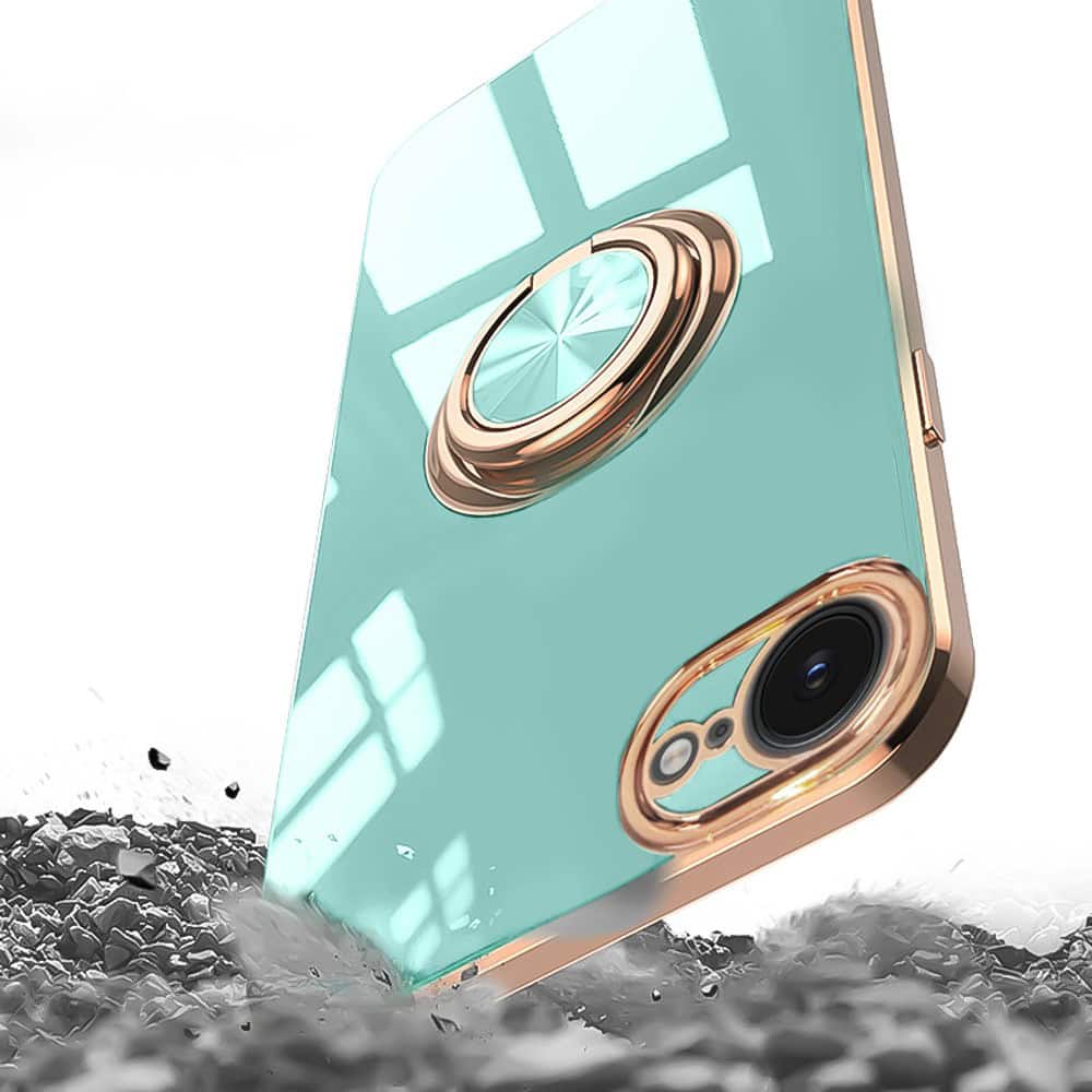Etui do iPhone 16e eleganckie, ze złotym, metalowym uchwytem i zdobieniami, osłona na aparat, lazurowo miętow ( (5)