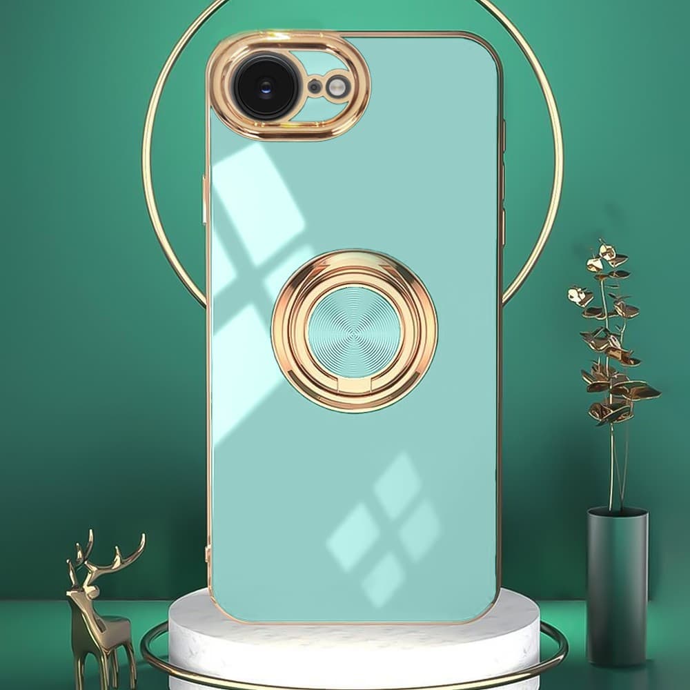Etui do iPhone 16e eleganckie, ze złotym, metalowym uchwytem i zdobieniami, osłona na aparat, lazurowo miętow ( (6)