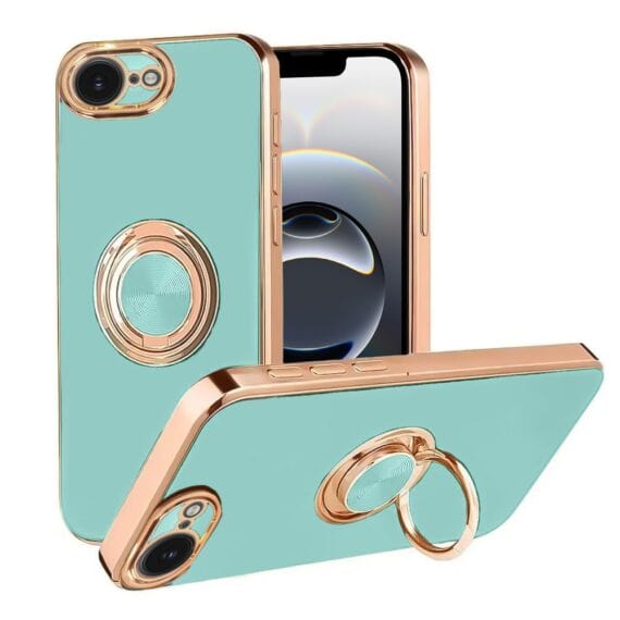 Etui do iPhone 16e eleganckie, ze złotym, metalowym uchwytem i zdobieniami, osłona na aparat, lazurowo miętow ( (7)