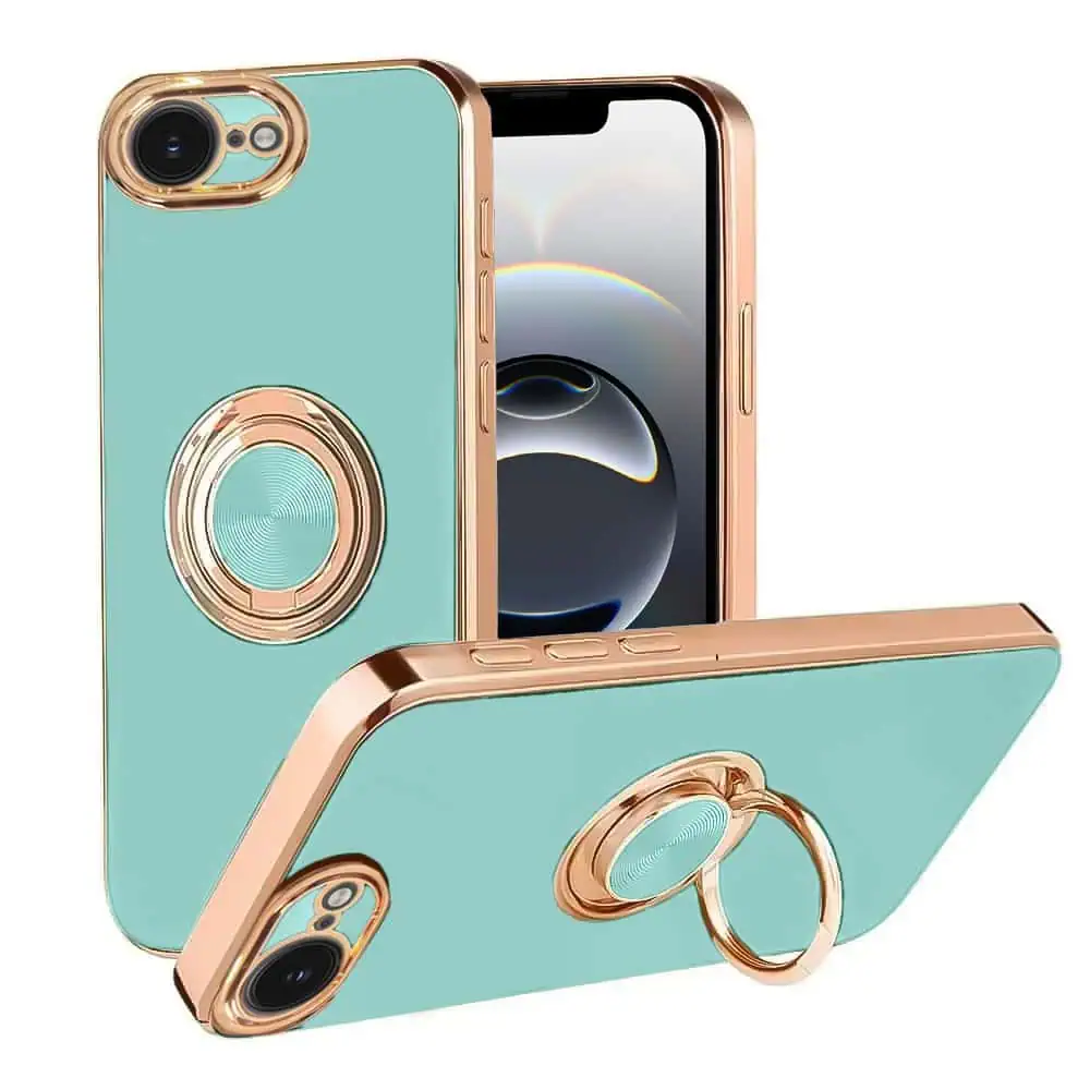 Etui do iPhone 16e eleganckie, ze złotym, metalowym uchwytem i zdobieniami, osłona na aparat, lazurowo miętow ( (7)