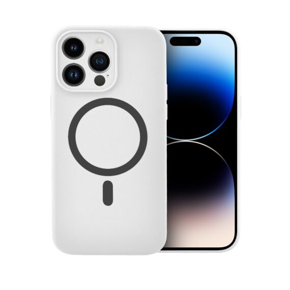 Etui do iPhone 14 Pro, silikonowe z MagSafe, mikrofibra soft touch z osłoną na aparat, białe pop1